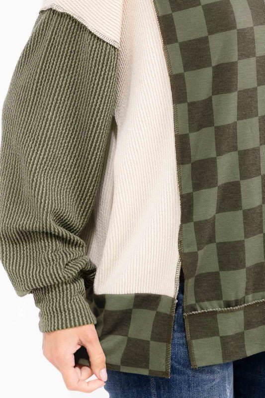Checkered Color Block Pullover - Mainstream Boutique