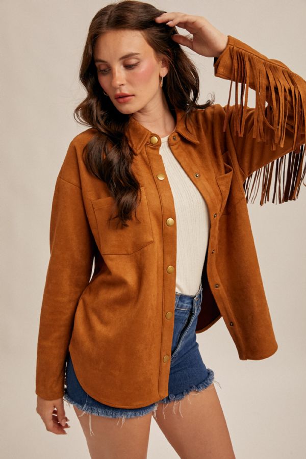 Suede Button Down Top With Fringe Detail - Mainstream Boutique