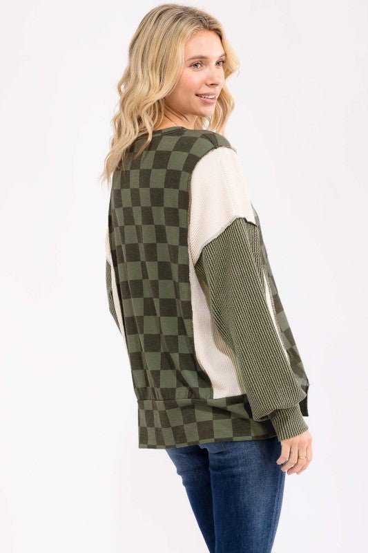 Checkered Color Block Pullover - Mainstream Boutique