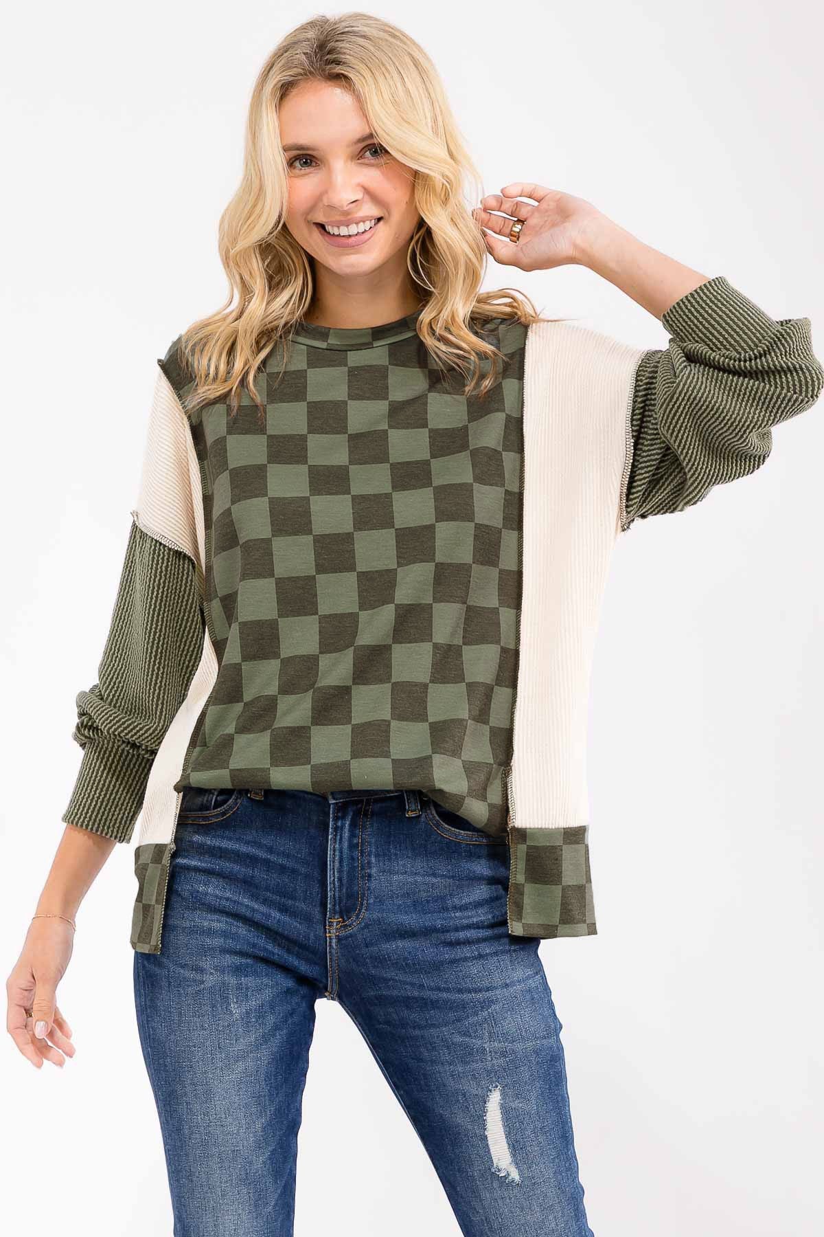 Checkered Color Block Pullover - Mainstream Boutique