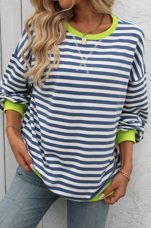 Striped Colorblock Oversized Crew Sweatshirt - Mainstream Boutique
