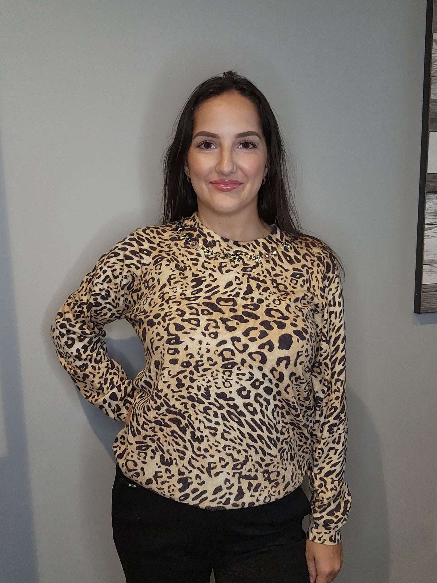 Printed Sequin Neck Detail Sweater - Mainstream Boutique