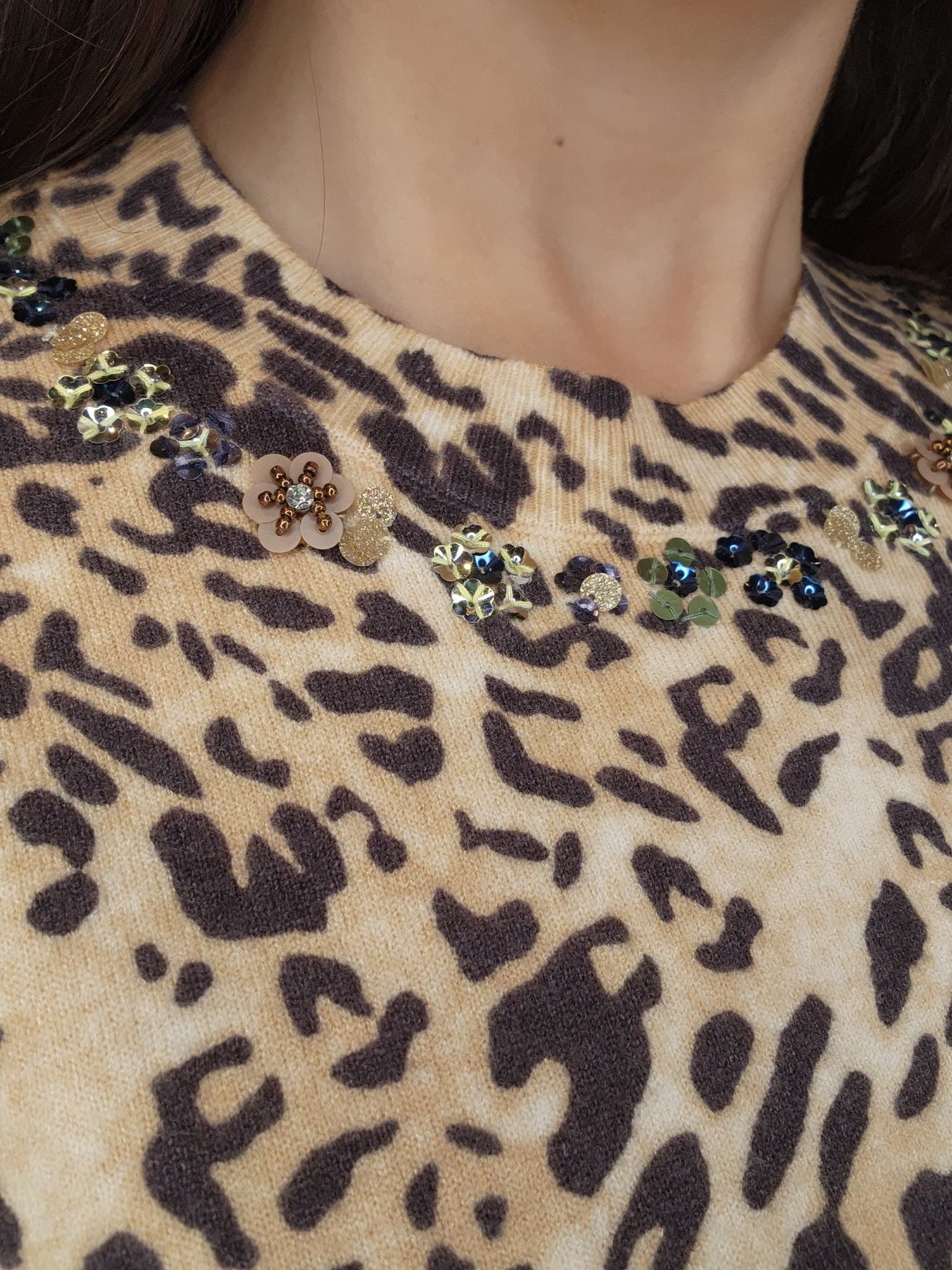 Printed Sequin Neck Detail Sweater - Mainstream Boutique