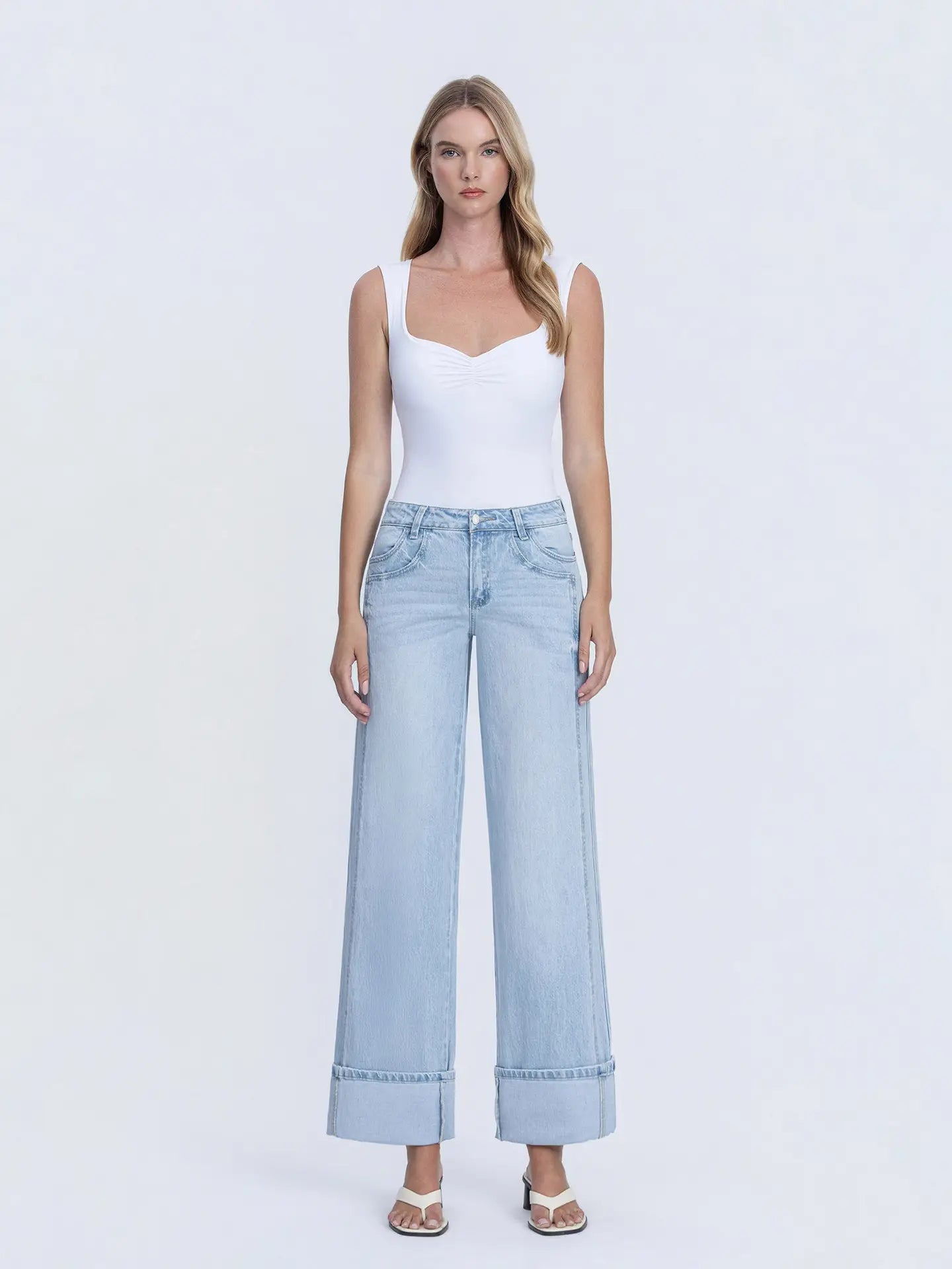 Super High Rise Light Wash Cuffed Baggy Wide Jeans - Mainstream Boutique
