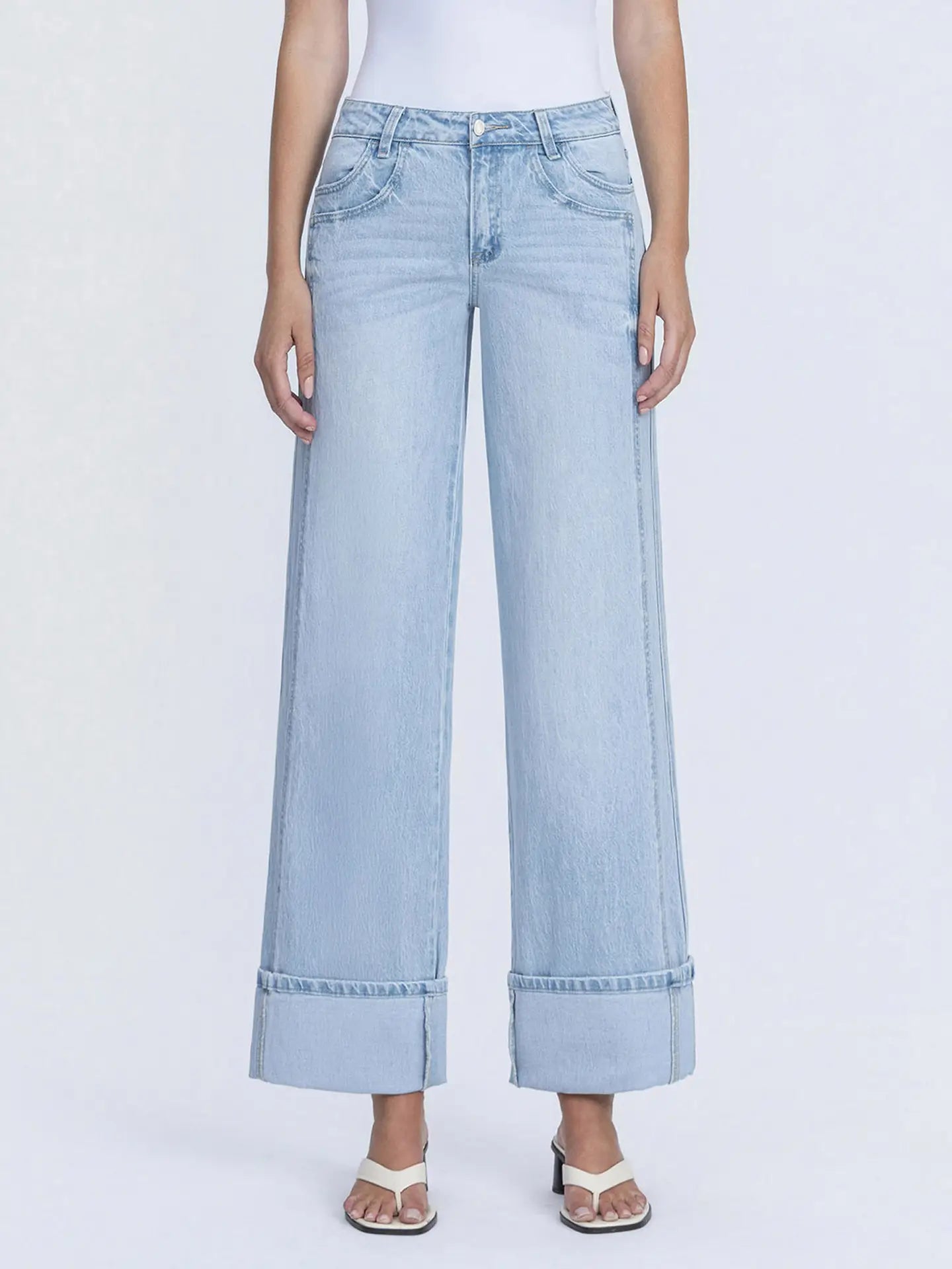 Super High Rise Light Wash Cuffed Baggy Wide Jeans - Mainstream Boutique