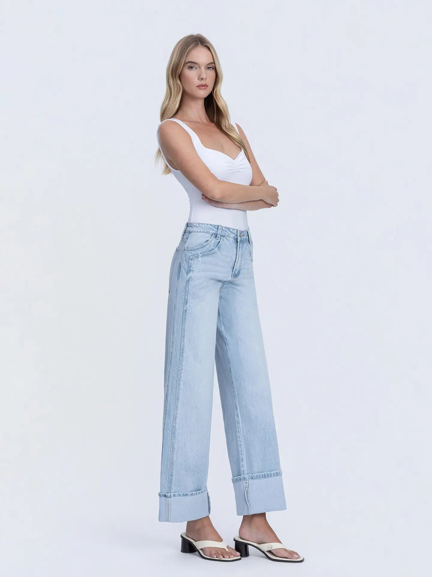 Super High Rise Light Wash Cuffed Baggy Wide Jeans - Mainstream Boutique
