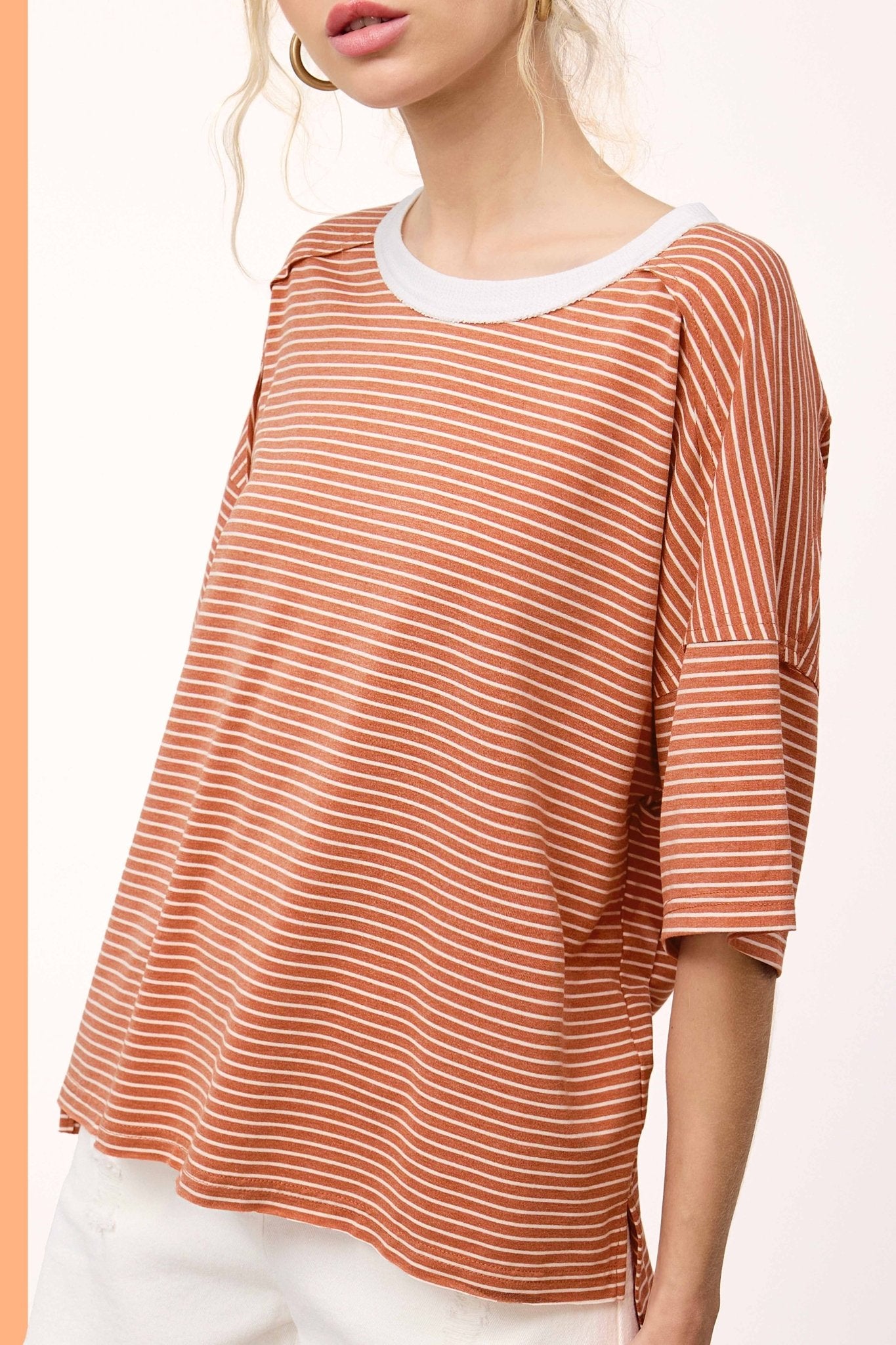 Basic Striped Drop Shoulder Short Sleeve Top - Mainstream Boutique