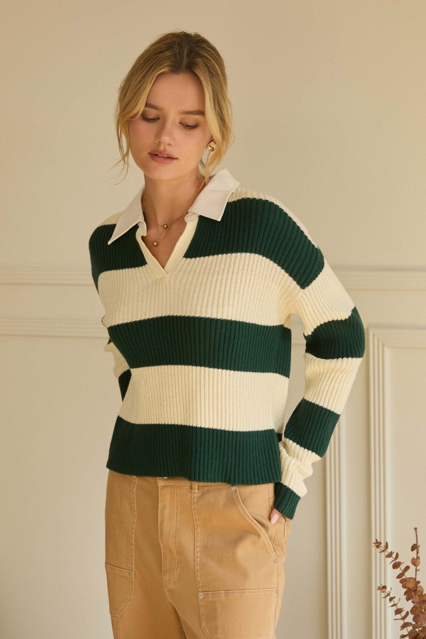 Striped Ribbed Knit Polo Shirt - Mainstream Boutique