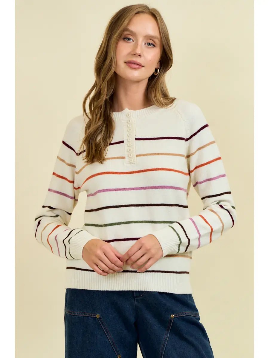 Multi Stripes Button Down Henry Neck Sweater - Mainstream Boutique