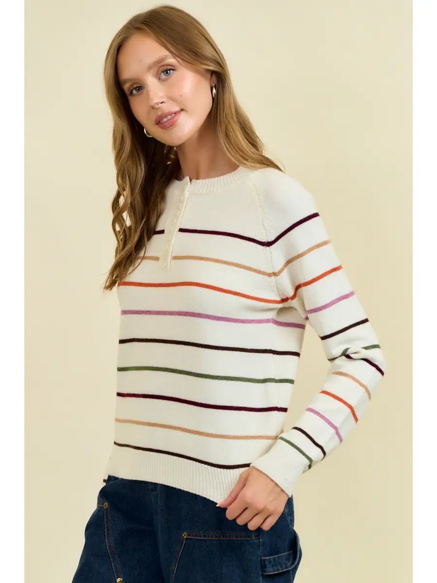 Multi Stripes Button Down Henry Neck Sweater - Mainstream Boutique