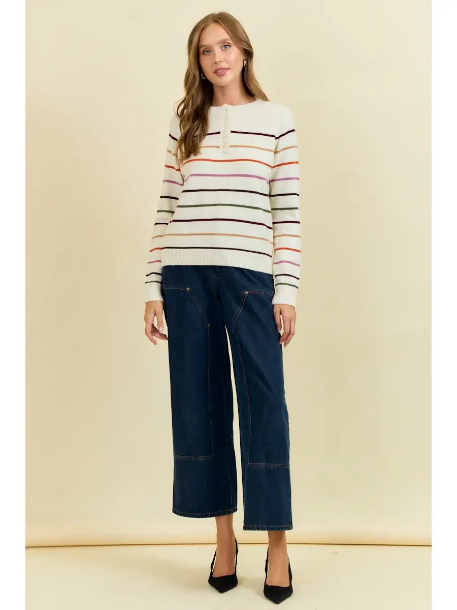 Multi Stripes Button Down Henry Neck Sweater - Mainstream Boutique