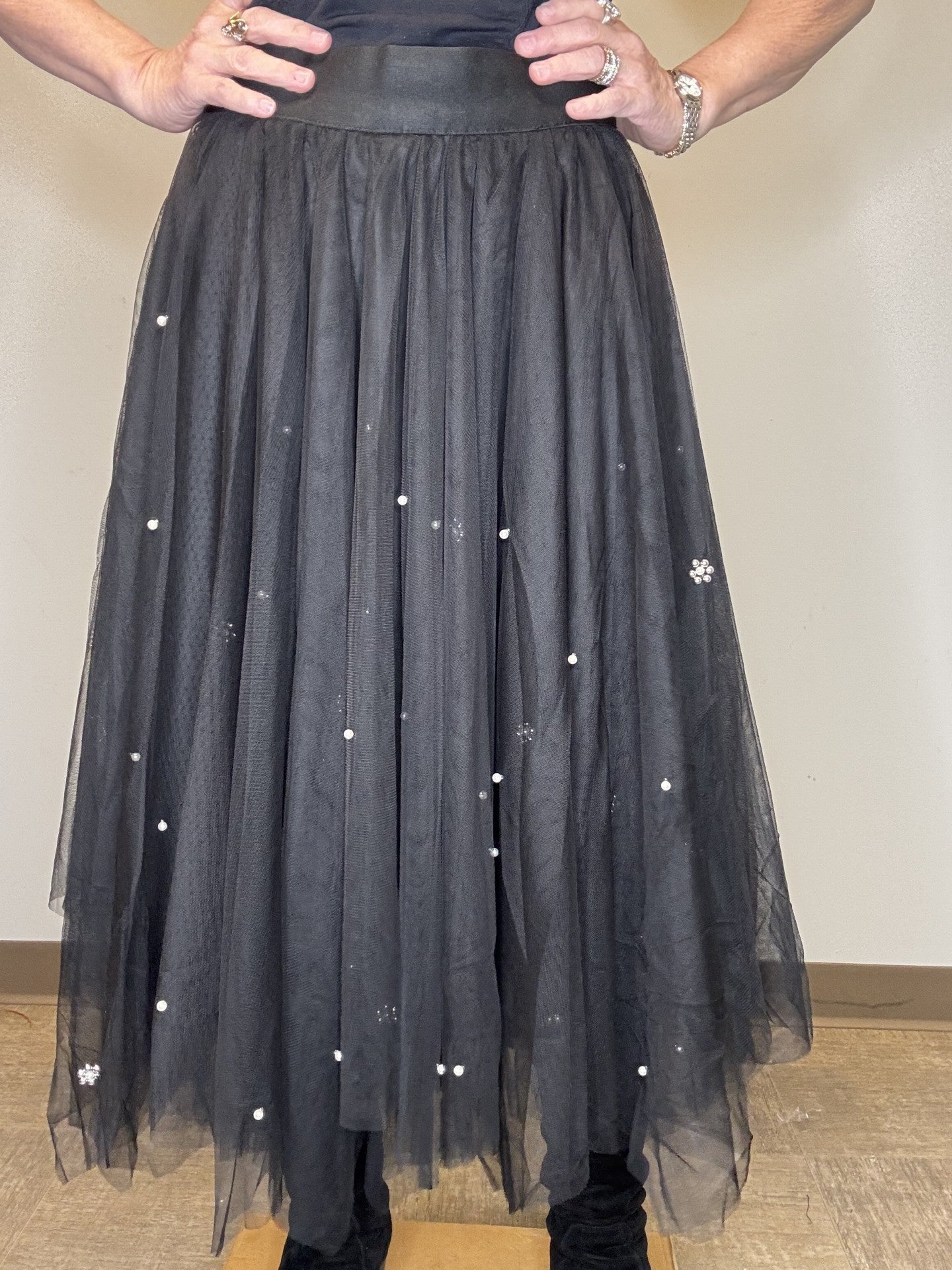 Tulle Hanky Hem Skirt With Pearls (knit Lining) - Mainstream Boutique