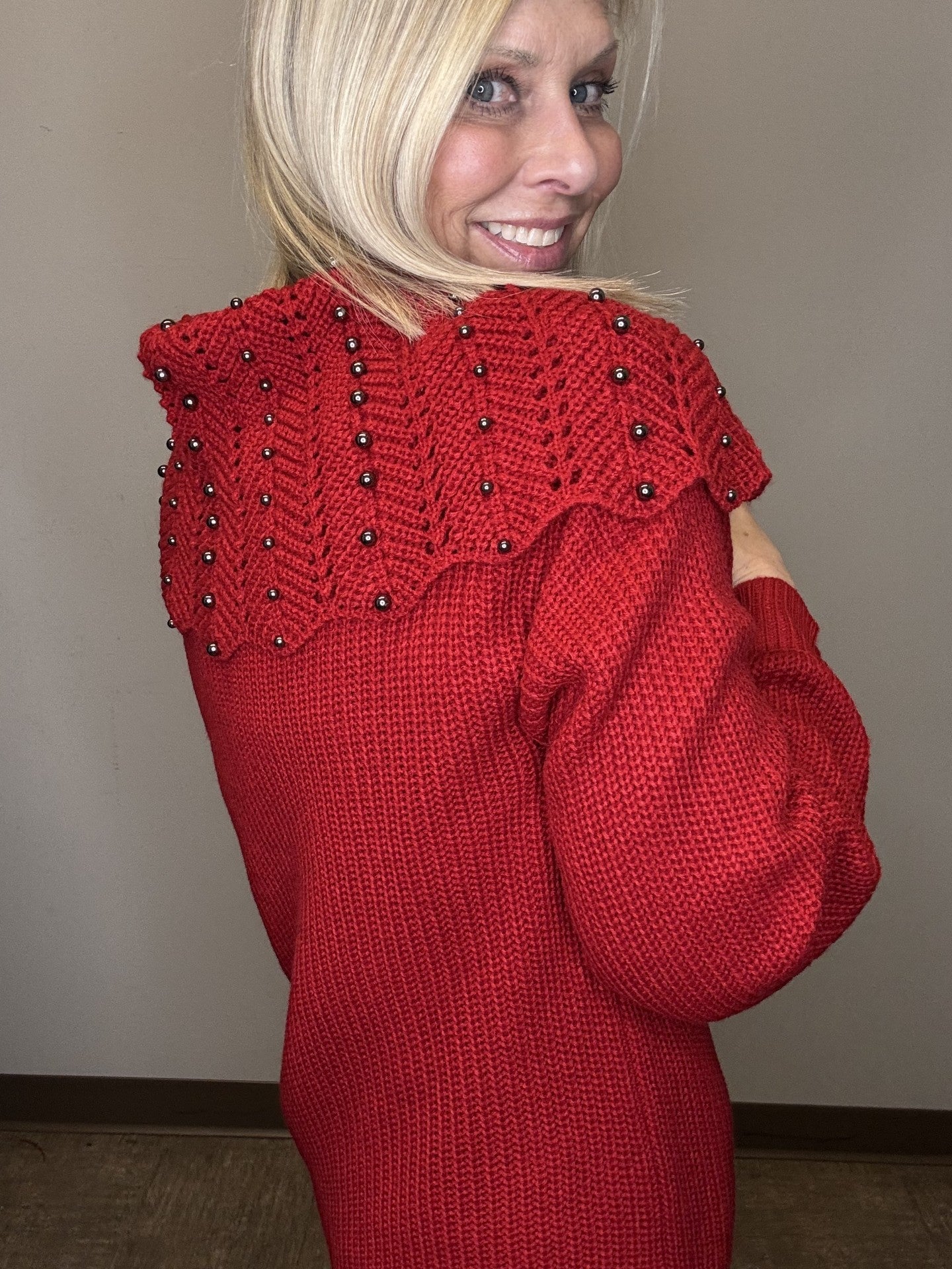 Off Shoulder Stud Detail Balloon Sleeve Sweater - Mainstream Boutique