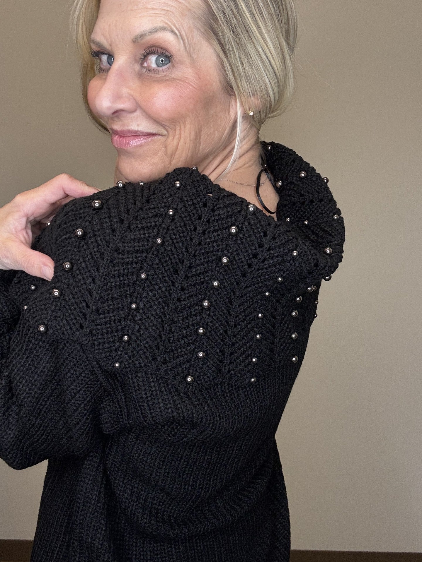 Off Shoulder Stud Detail Balloon Sleeve Sweater - Mainstream Boutique