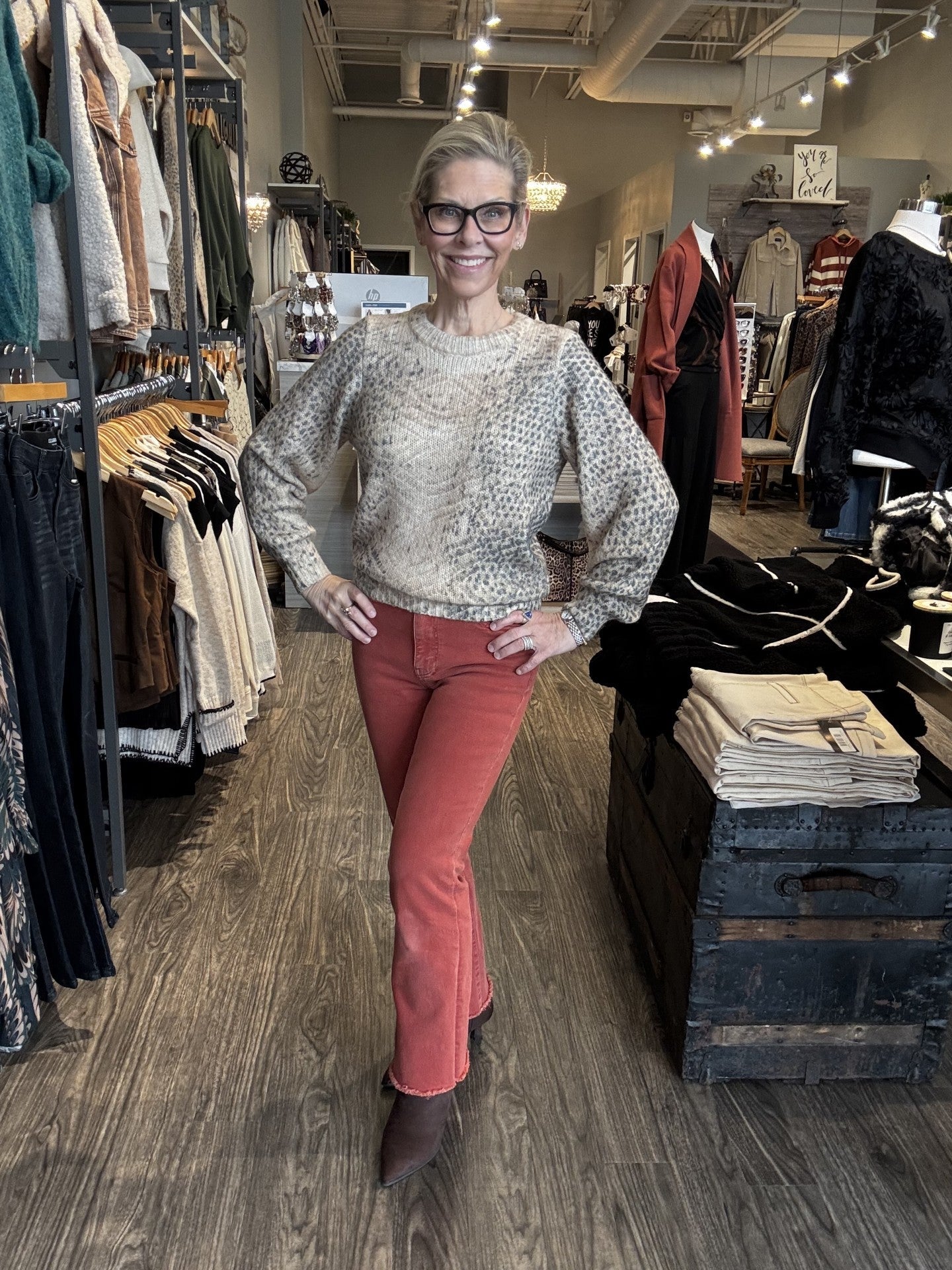 LONG SLEEVE PRINTED POINTELLE CREWNECK SWEATER - Mainstream Boutique