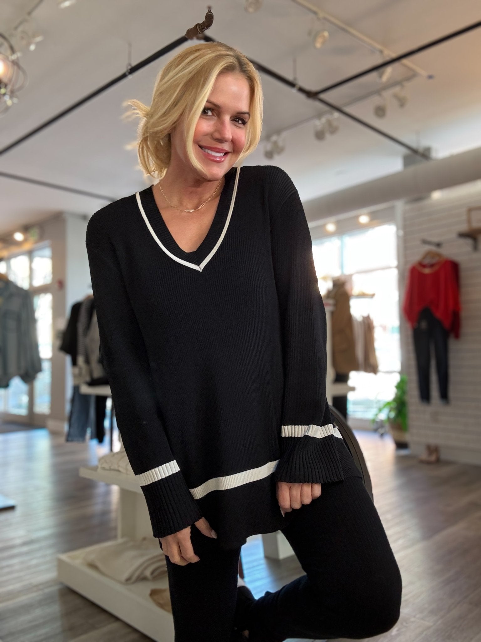 V - Neck Knit Track Top - Mainstream Boutique