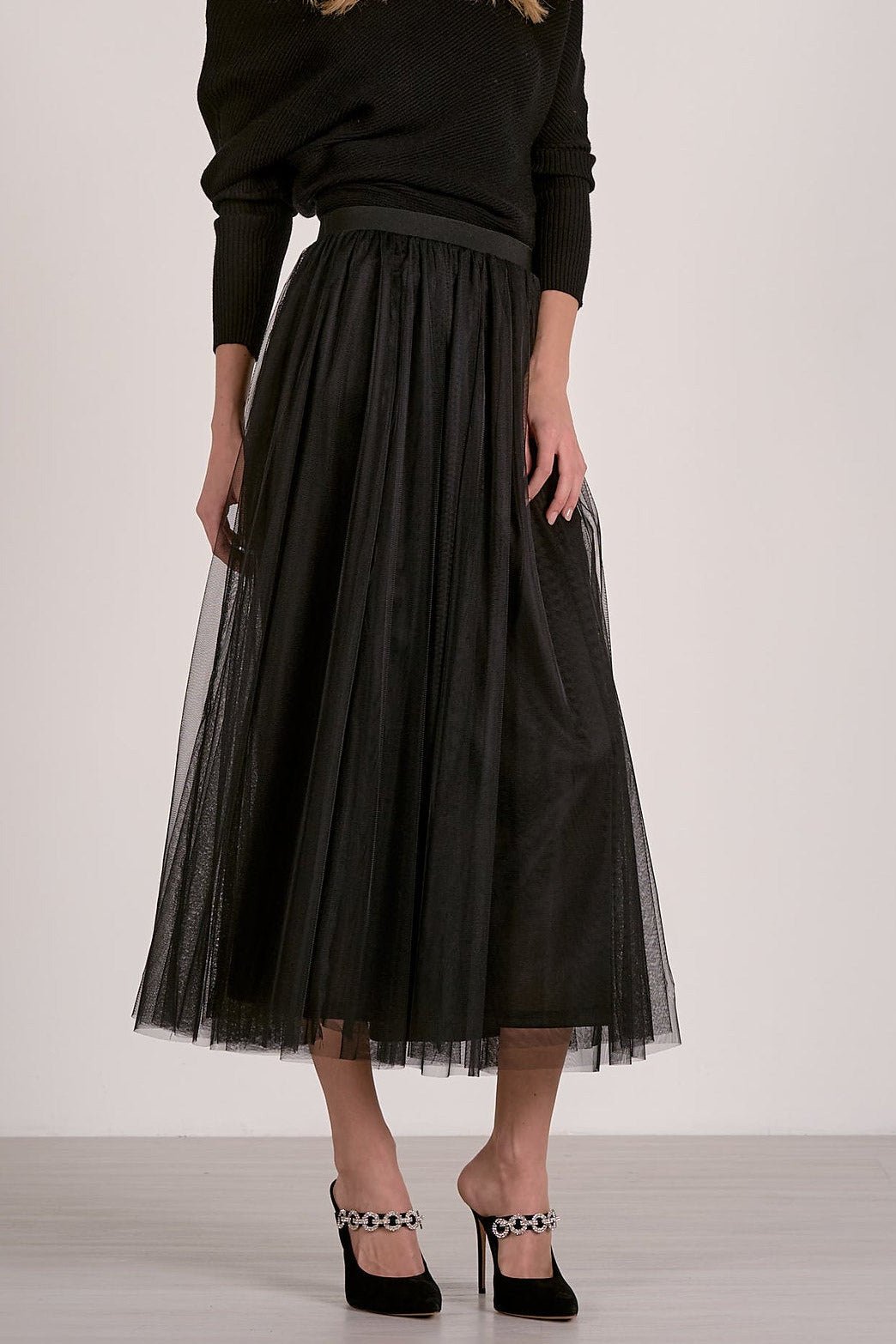 Black Tulle Midi Skirt – Layered Mesh A - Line Silhouette - Mainstream Boutique