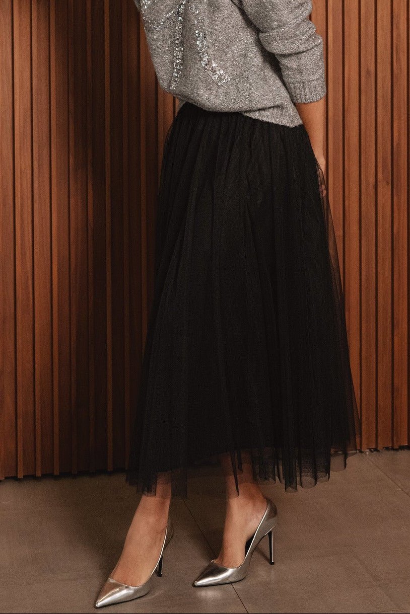 Black Tulle Midi Skirt – Layered Mesh A - Line Silhouette - Mainstream Boutique