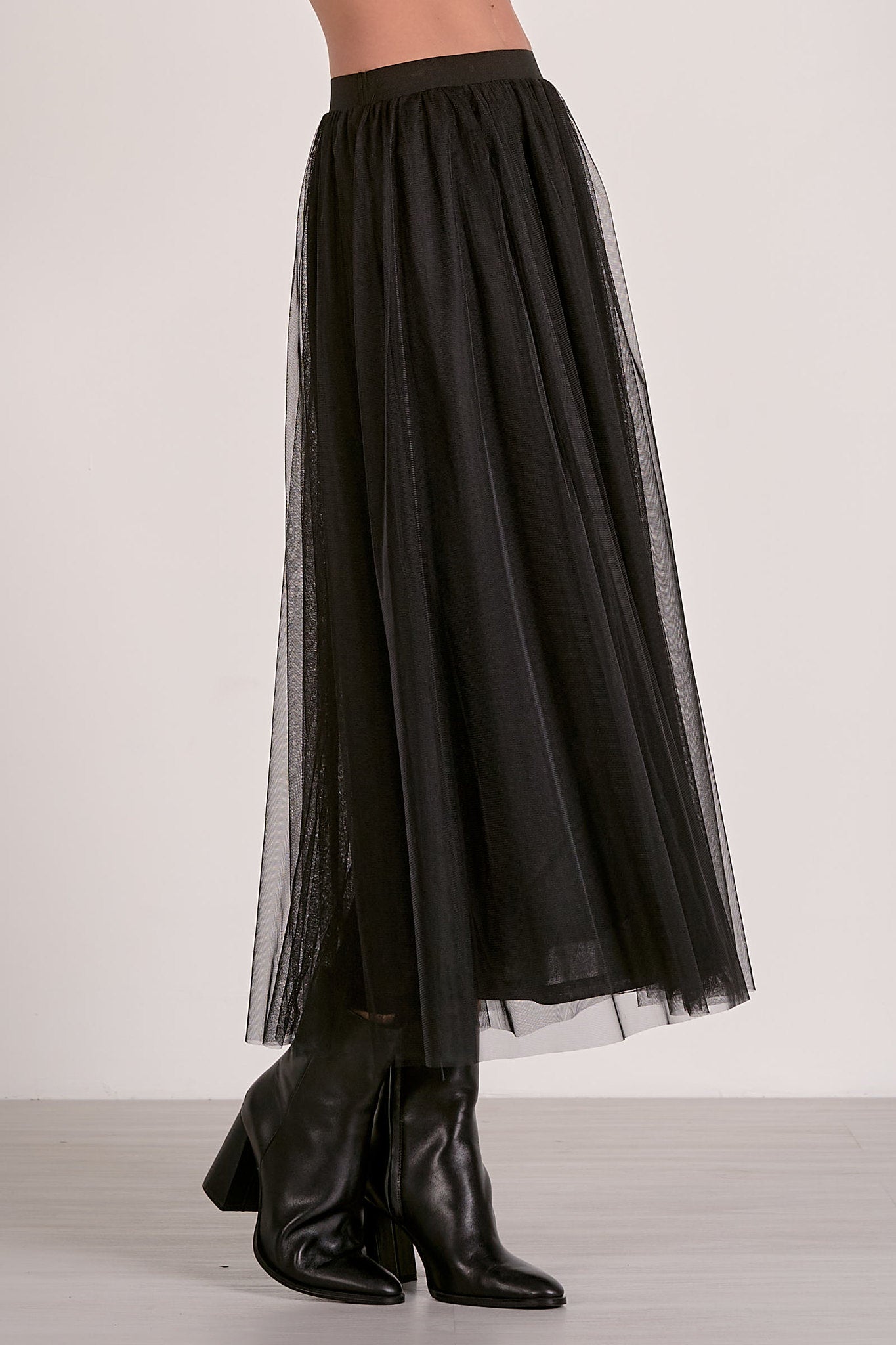 Black Tulle Midi Skirt – Layered Mesh A - Line Silhouette - Mainstream Boutique
