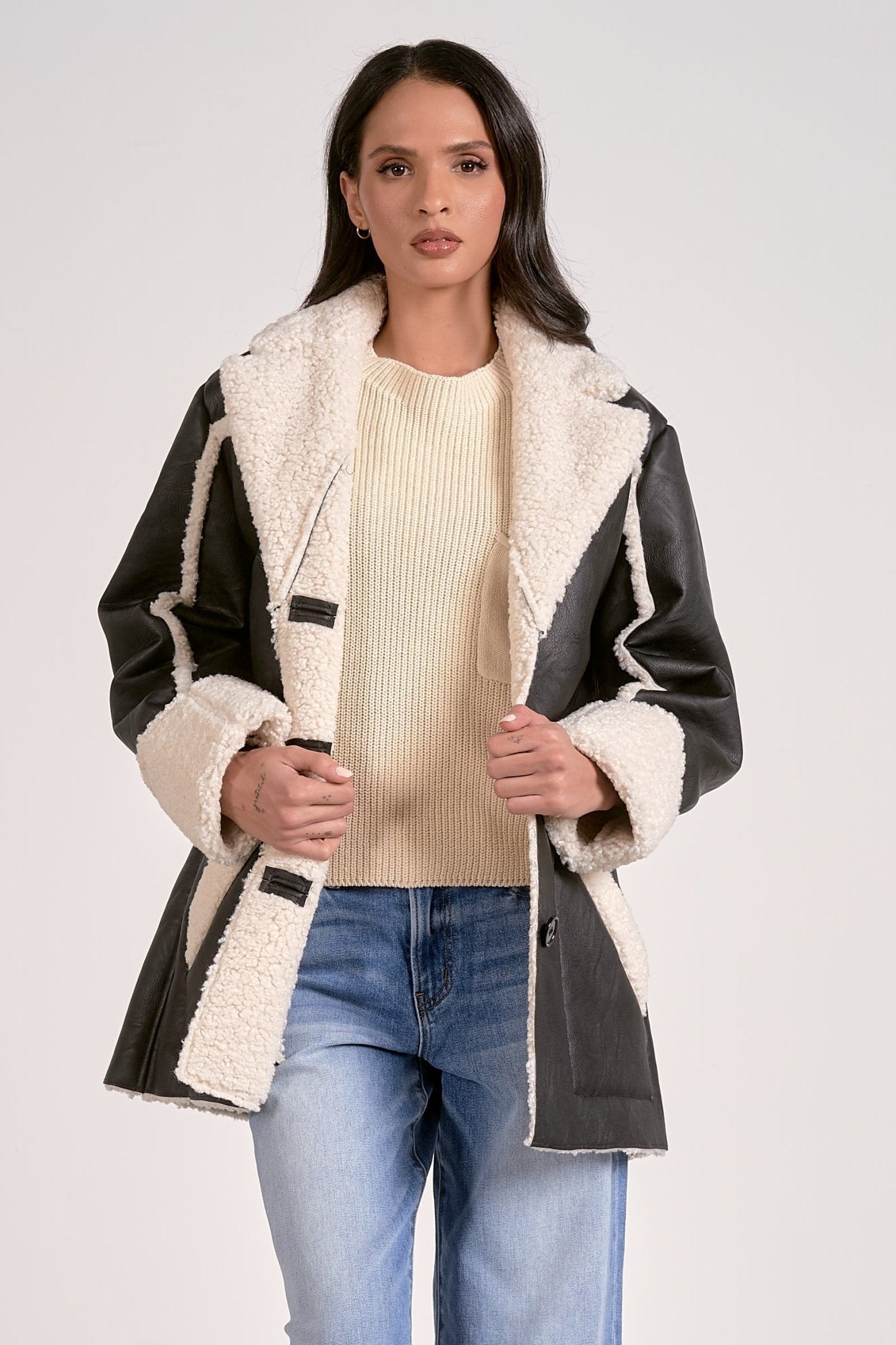 Pleather Collared Jacket With Sherpa Lining And Detail - Mainstream Boutique