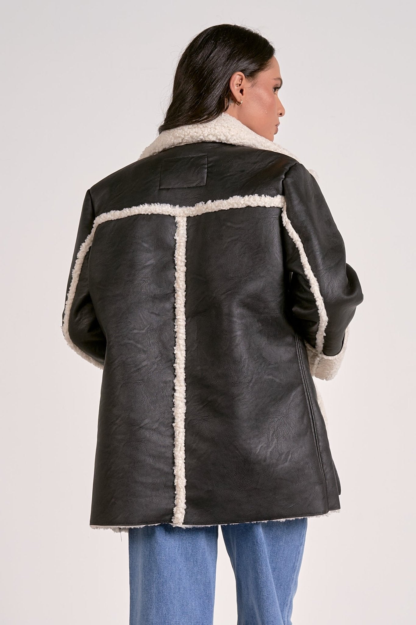 Pleather Collared Jacket With Sherpa Lining And Detail - Mainstream Boutique