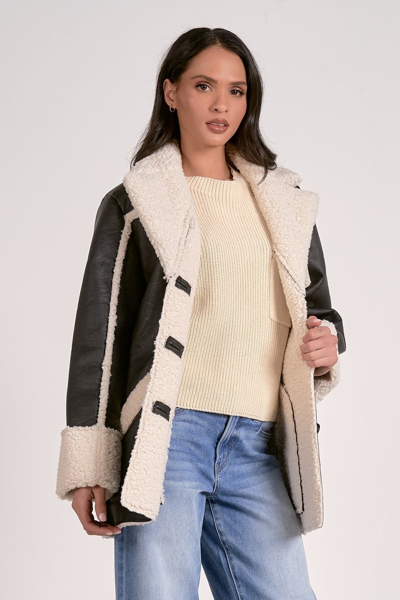 Pleather Collared Jacket With Sherpa Lining And Detail - Mainstream Boutique