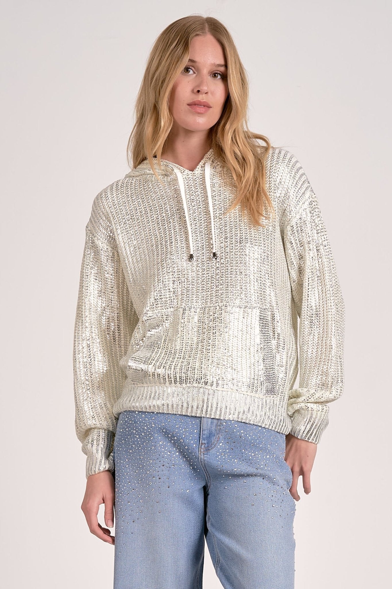 Metallic Coated Hoodie Sweater With Front Pocket - Mainstream Boutique