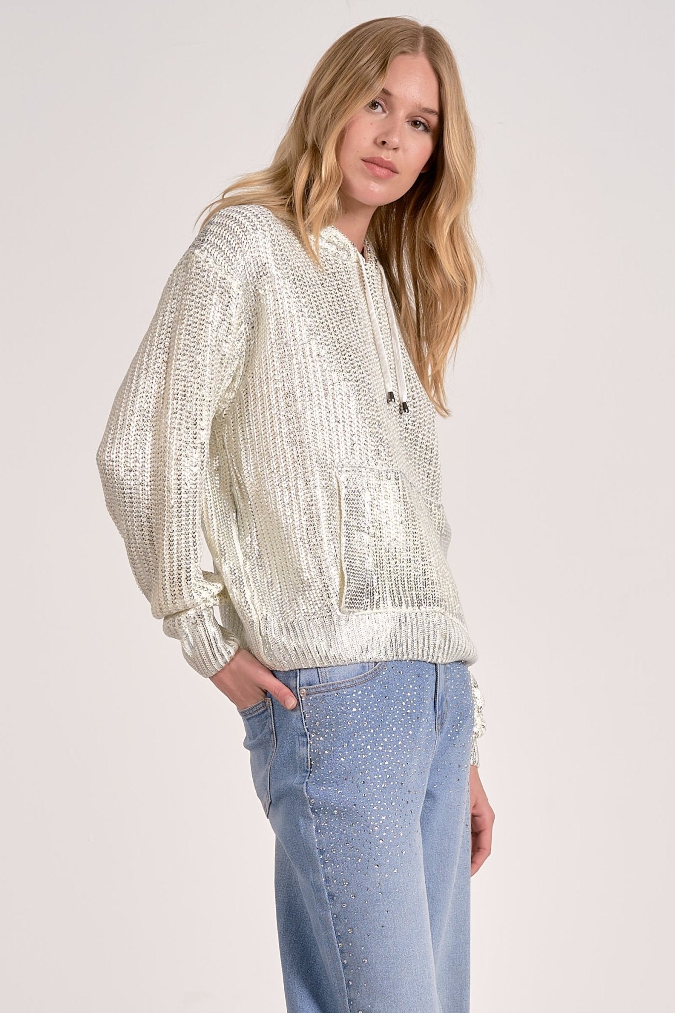 Metallic Coated Hoodie Sweater With Front Pocket - Mainstream Boutique