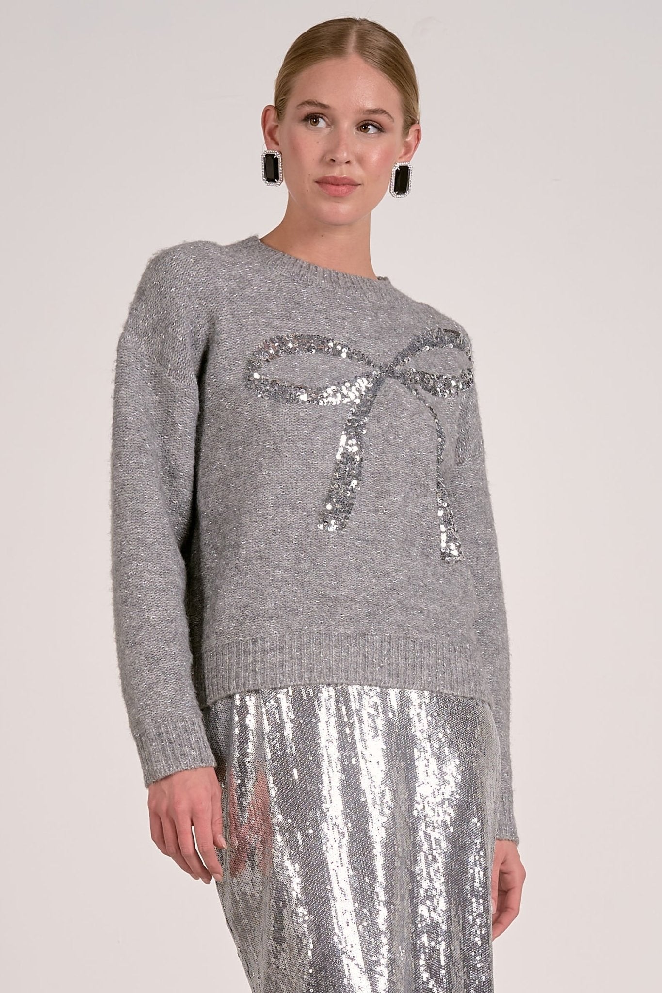 Metallic Threading Crew Neck Sweater With Sequin Bow Detail - Mainstream Boutique