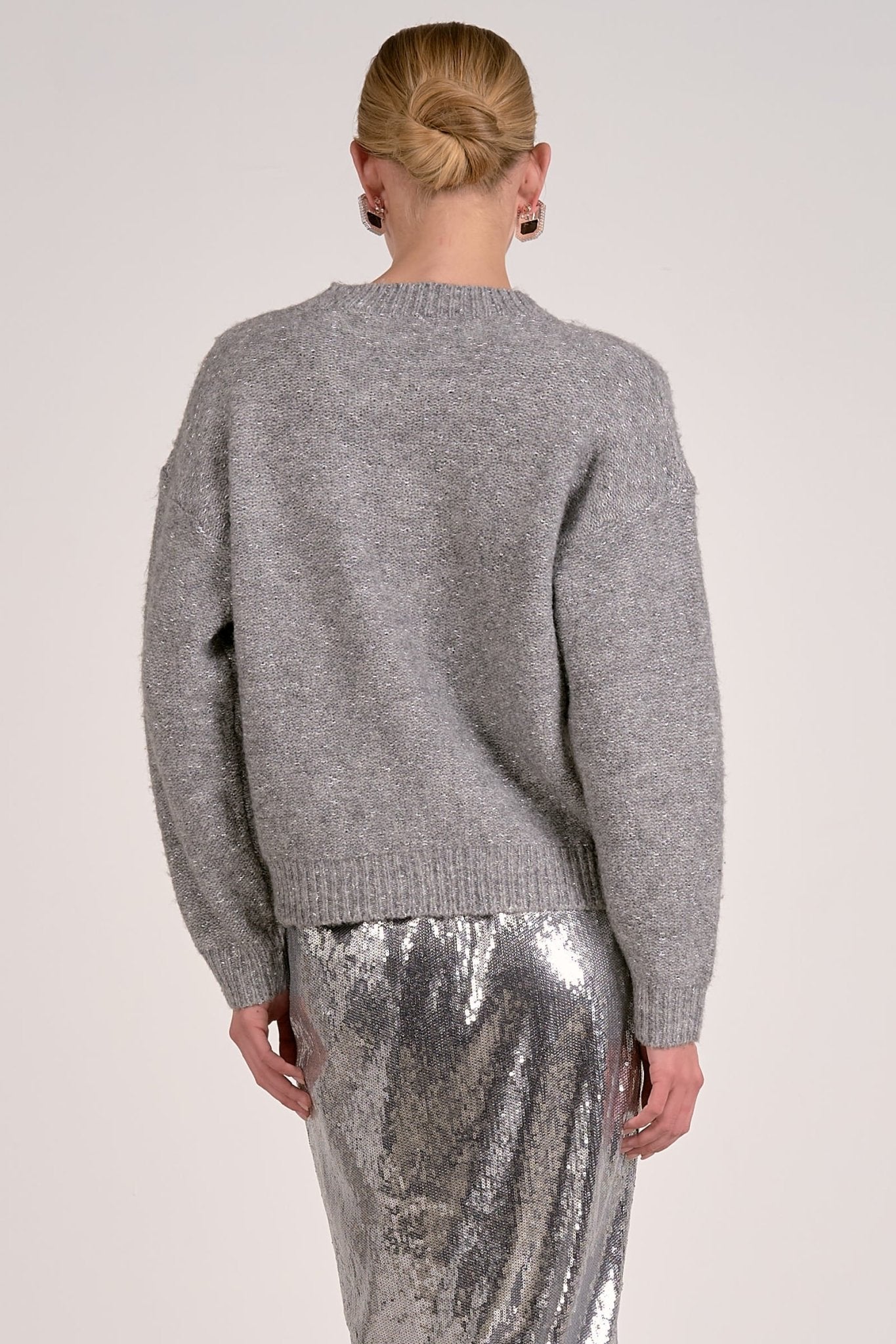 Metallic Threading Crew Neck Sweater With Sequin Bow Detail - Mainstream Boutique