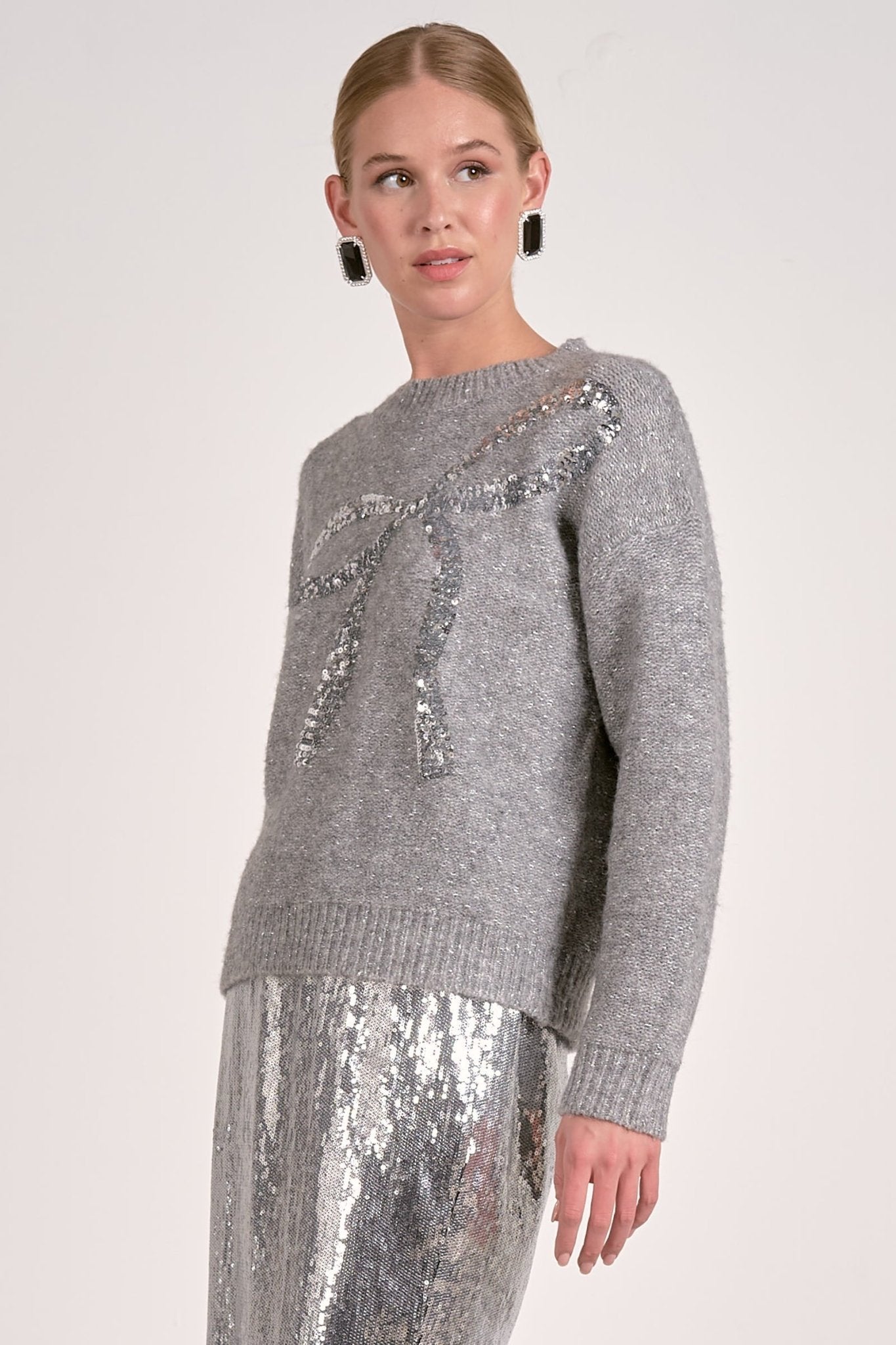 Metallic Threading Crew Neck Sweater With Sequin Bow Detail - Mainstream Boutique