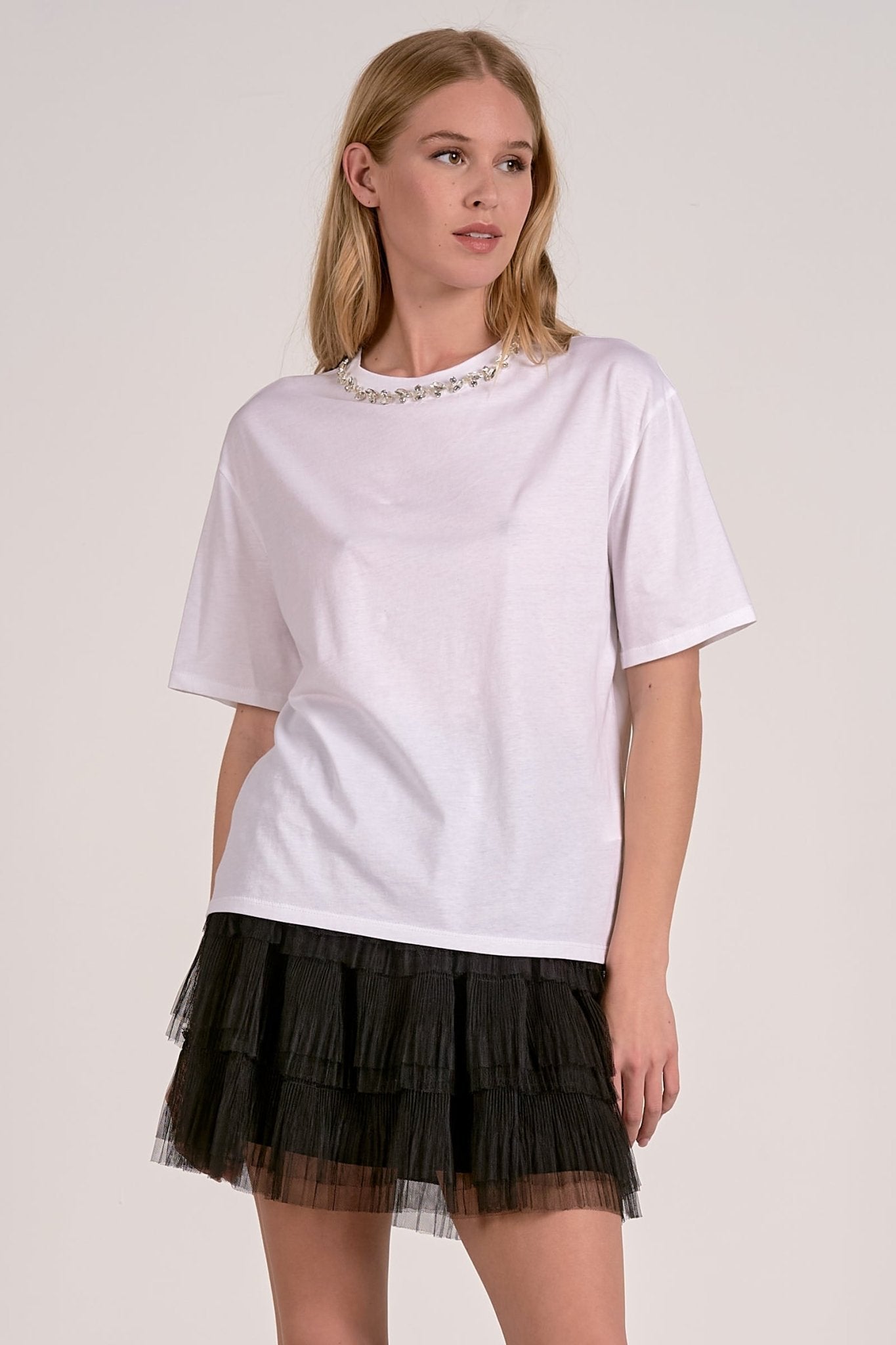 Oversized Tee With Rhinestone Jewel Neckline - Mainstream Boutique
