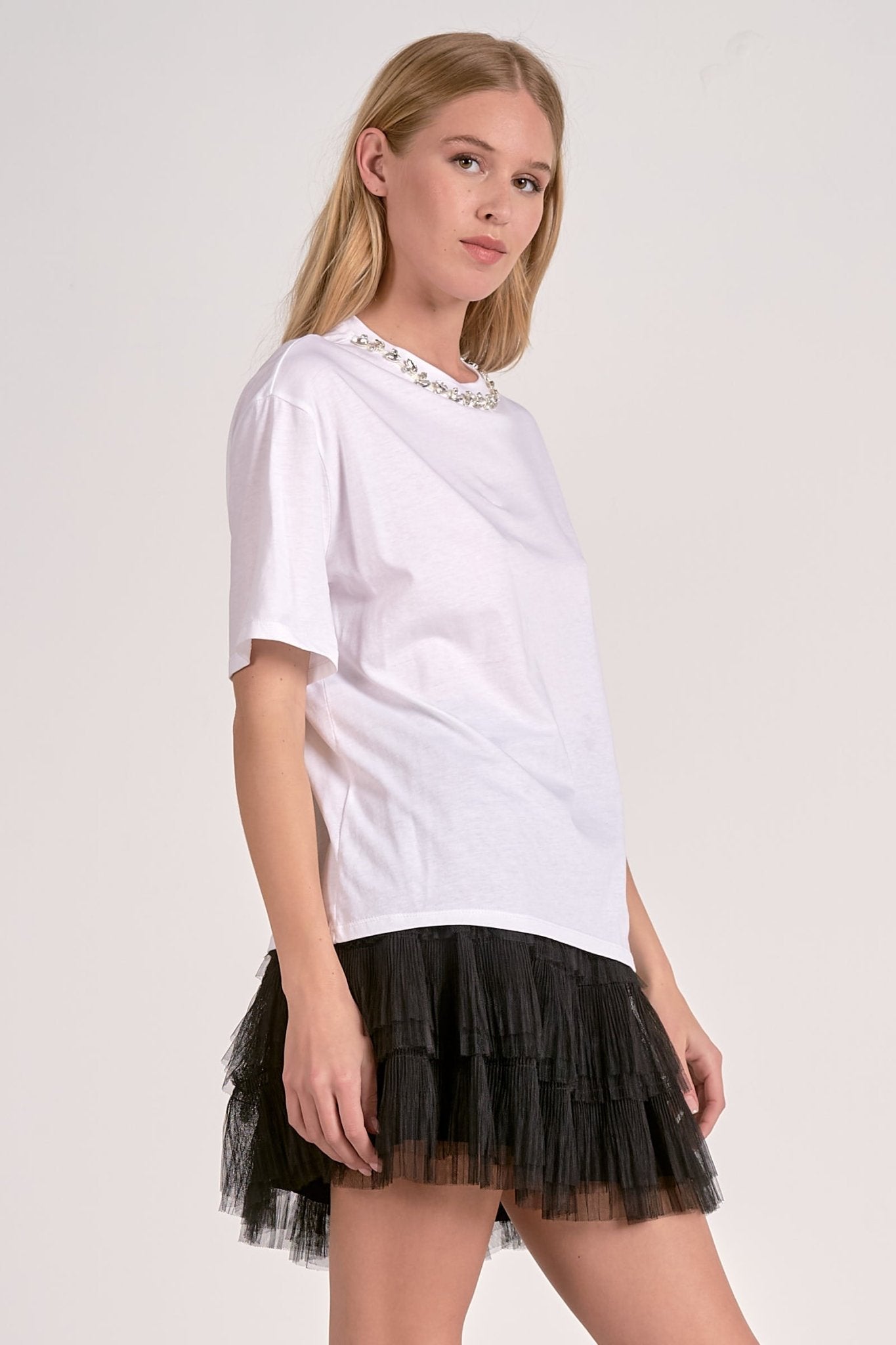 Oversized Tee With Rhinestone Jewel Neckline - Mainstream Boutique