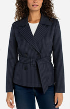 Navy pinstripe trench jacket