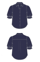 Navy blue shirt with puff sleeves and button front.