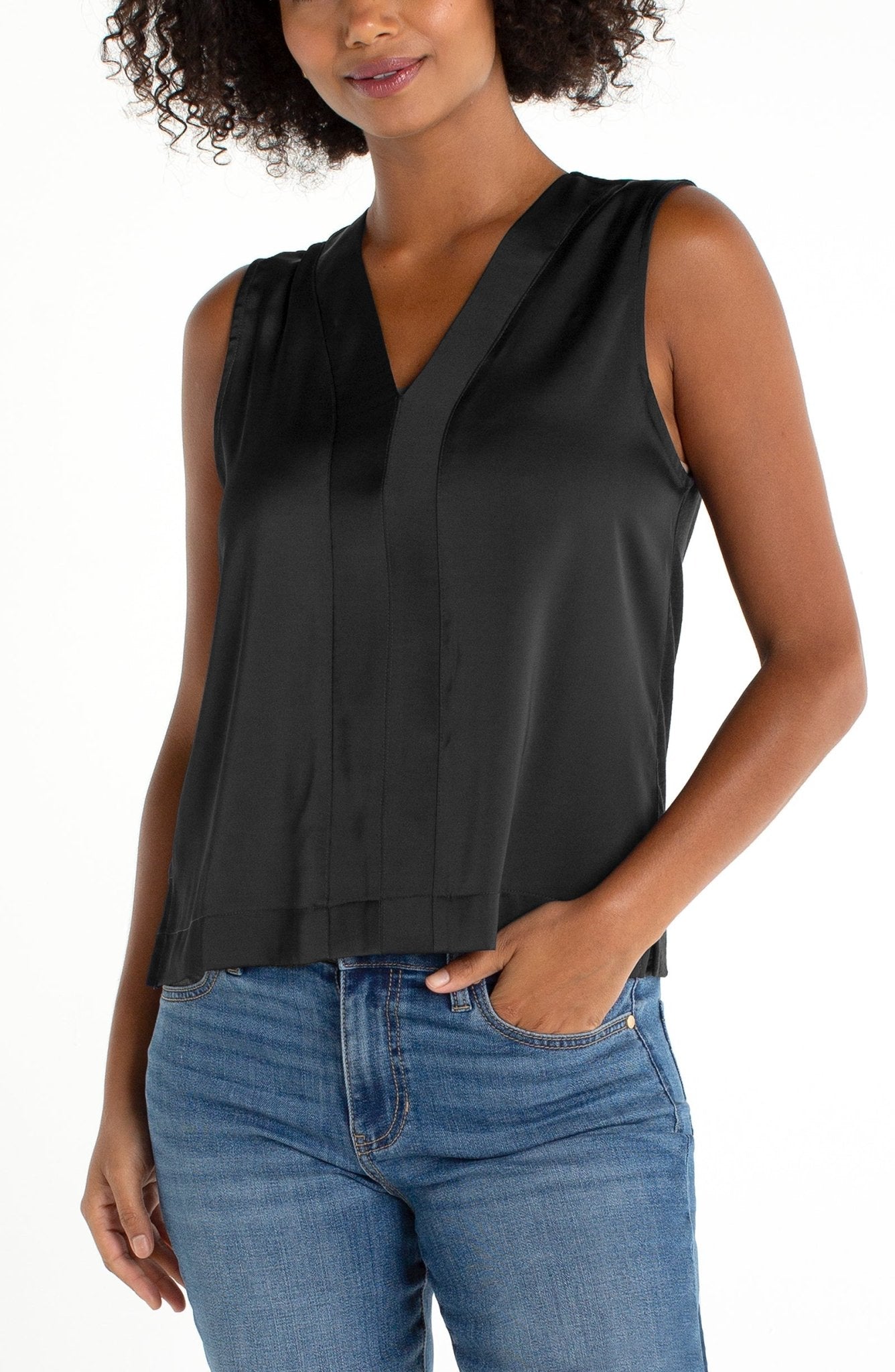 Liverpool Sleeveless V - Neck Woven - to - Knit Top - Mainstream Boutique