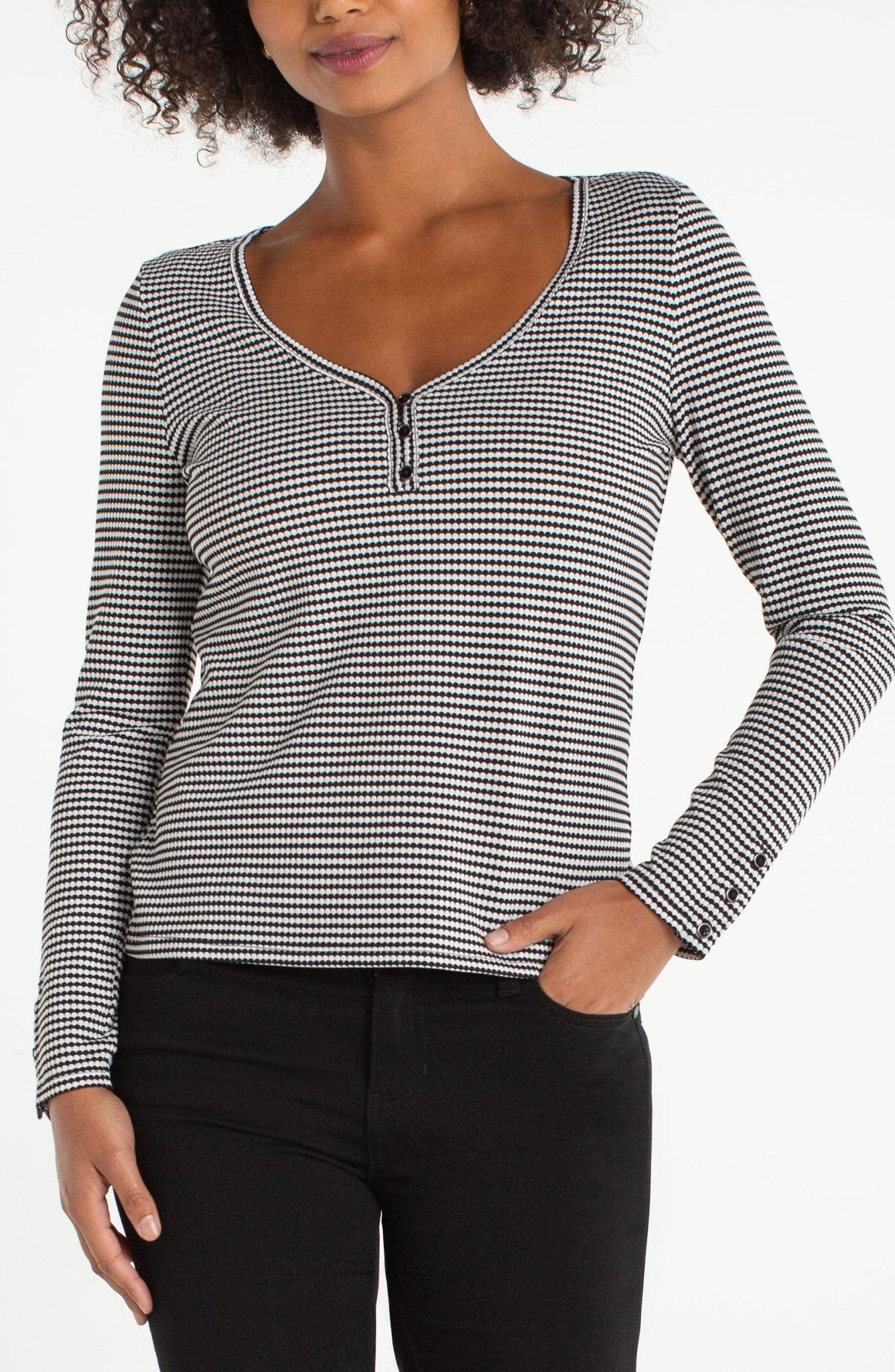 Liverpool 3/4 Sleeve Henley Knit Top With Button Detail - Mainstream Boutique