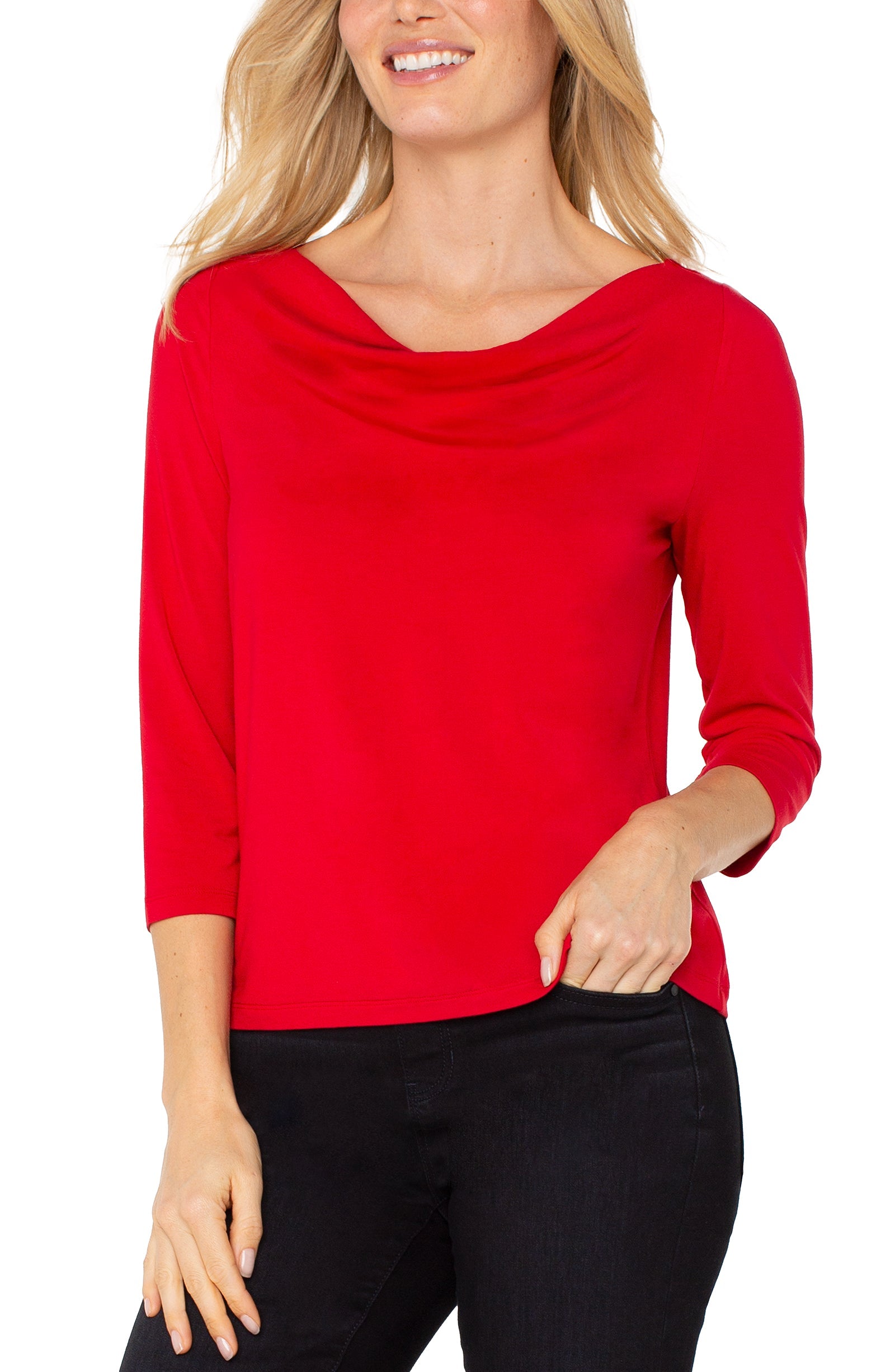 3/4 Sleeve Draped Neck Knit Top