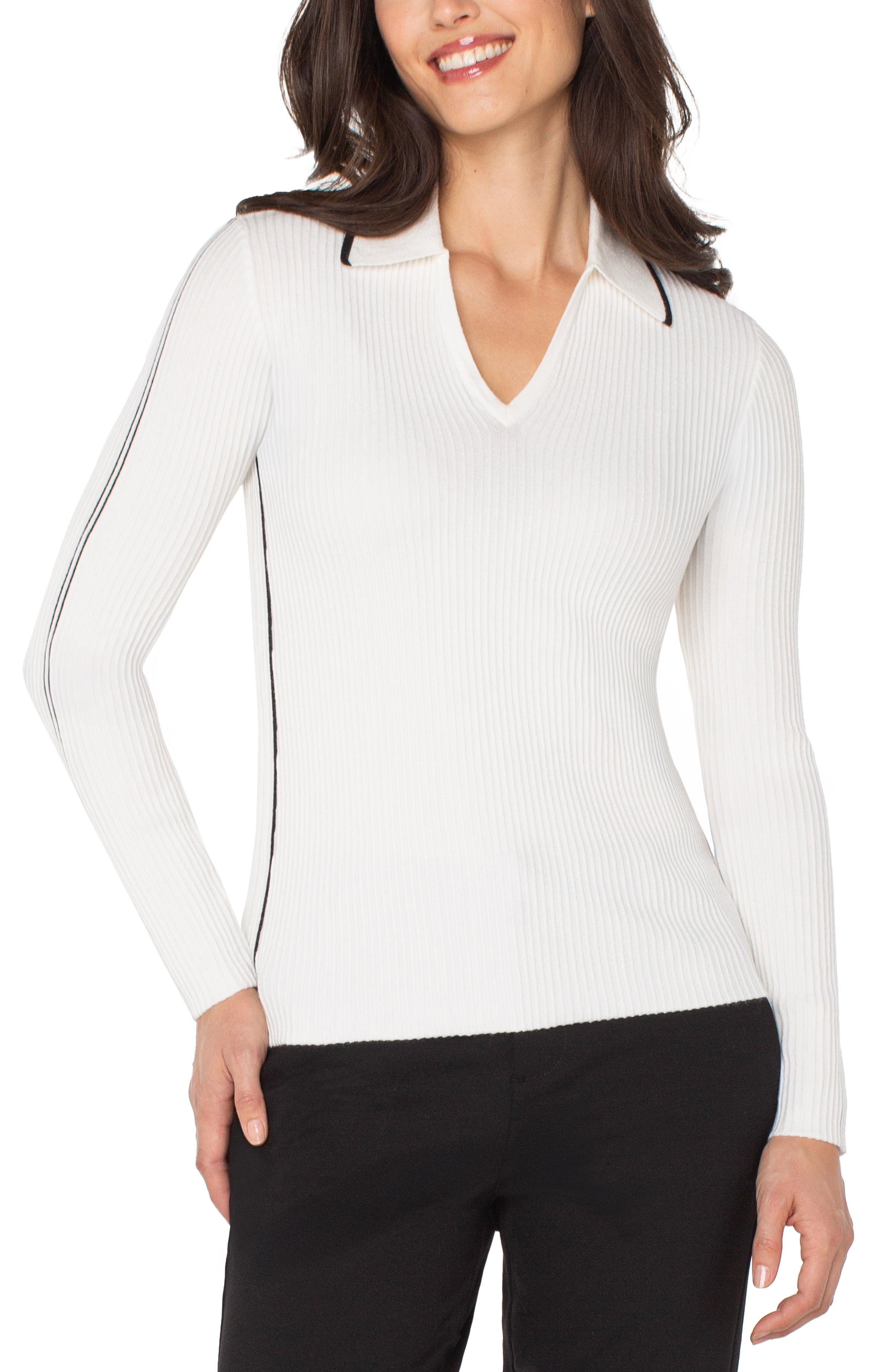 Long Sleeve V-Neck Collared Sweater with Stripe Detail