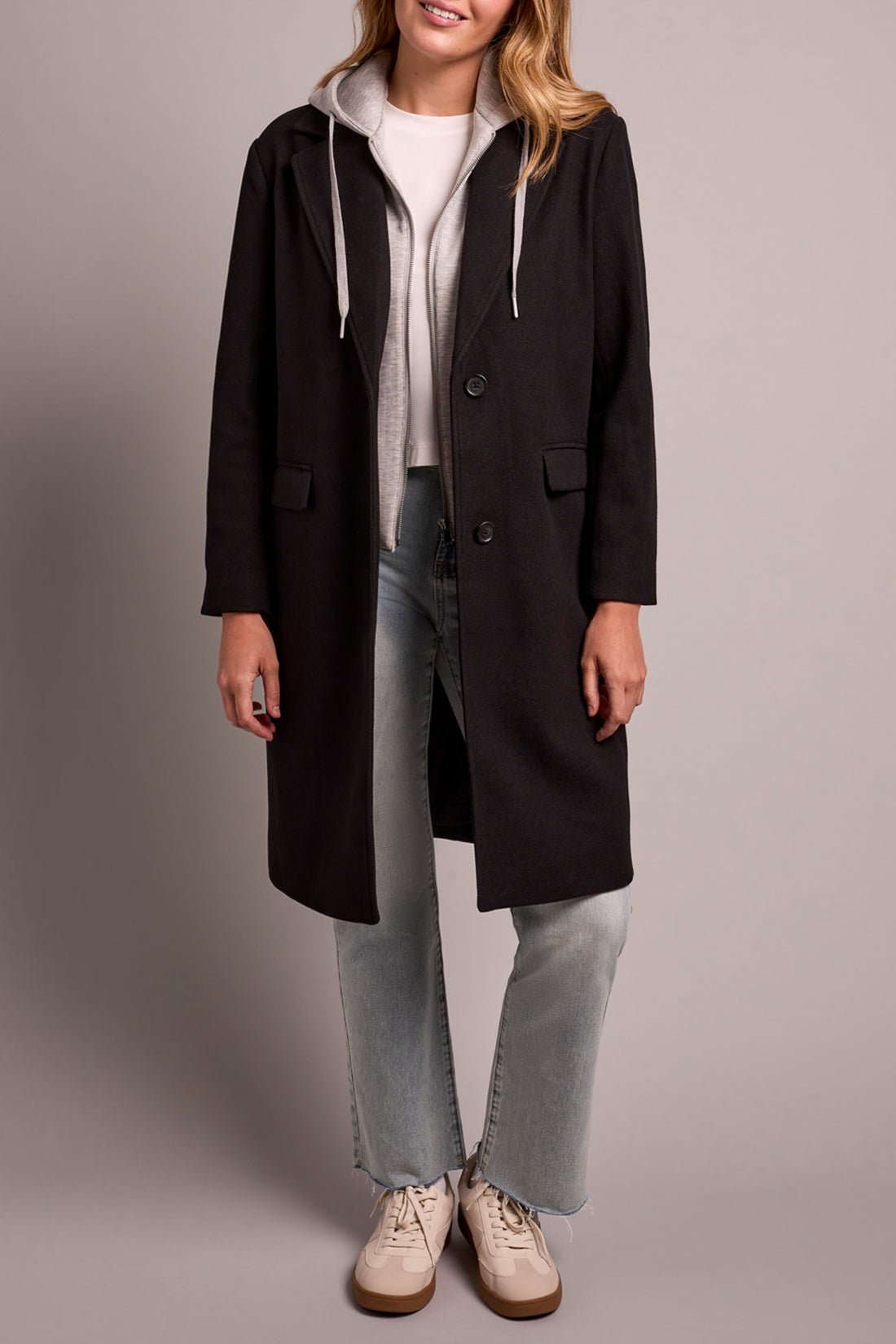Ultra Soft Brushed Knit Fooler Coat with Hood- black