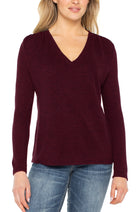 Long Sleeve V-Neck Knit Top with Shirring- maroon
