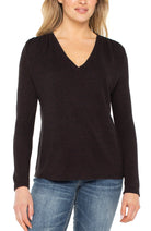 Long Sleeve V-Neck Knit Top with Shirring