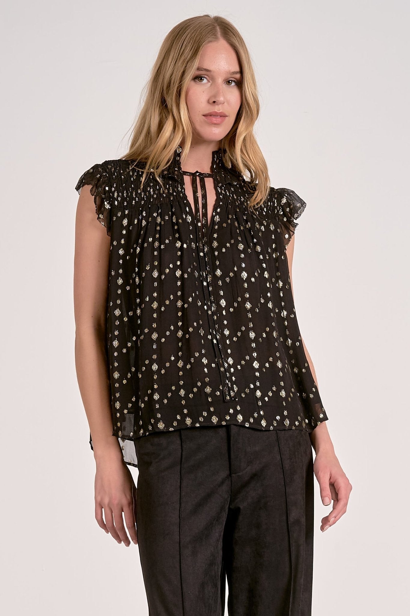 Elan Sleeveless Tie Neck Topm - Black Geo Print - Mainstream Boutique