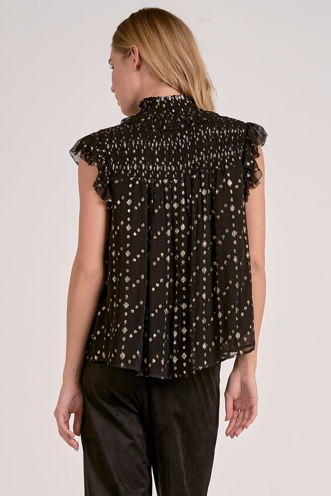 Elan Sleeveless Tie Neck Topm - Black Geo Print - Mainstream Boutique