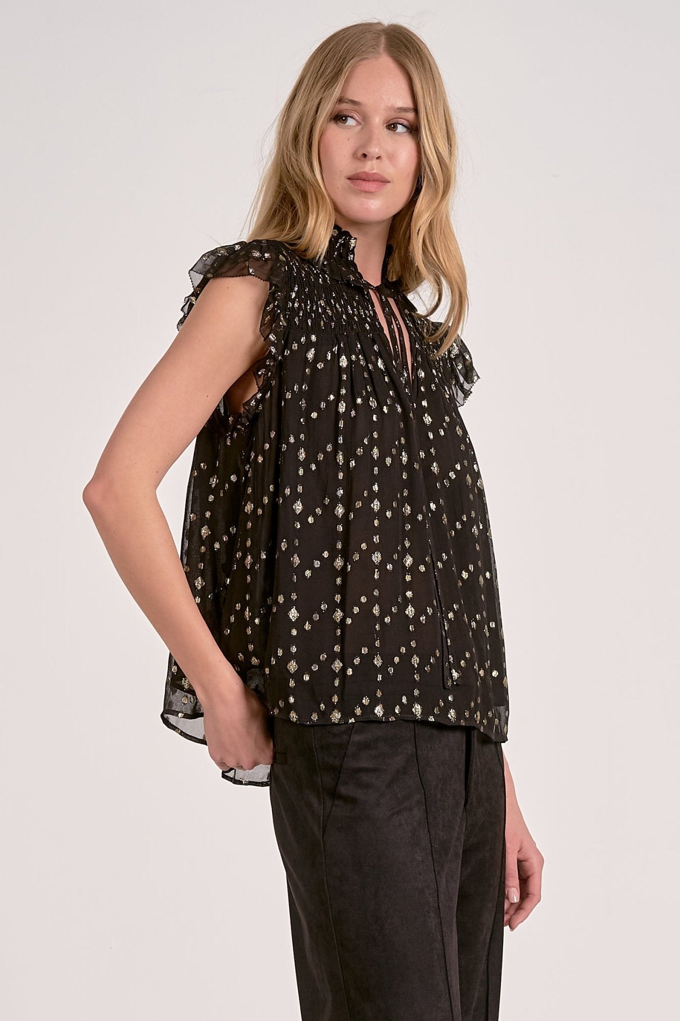 Elan Sleeveless Tie Neck Topm - Black Geo Print - Mainstream Boutique