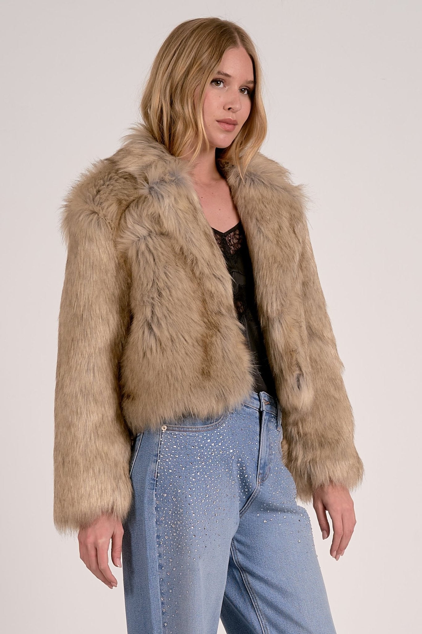 Elan Cropped Fur Jacket - Tan - Mainstream Boutique