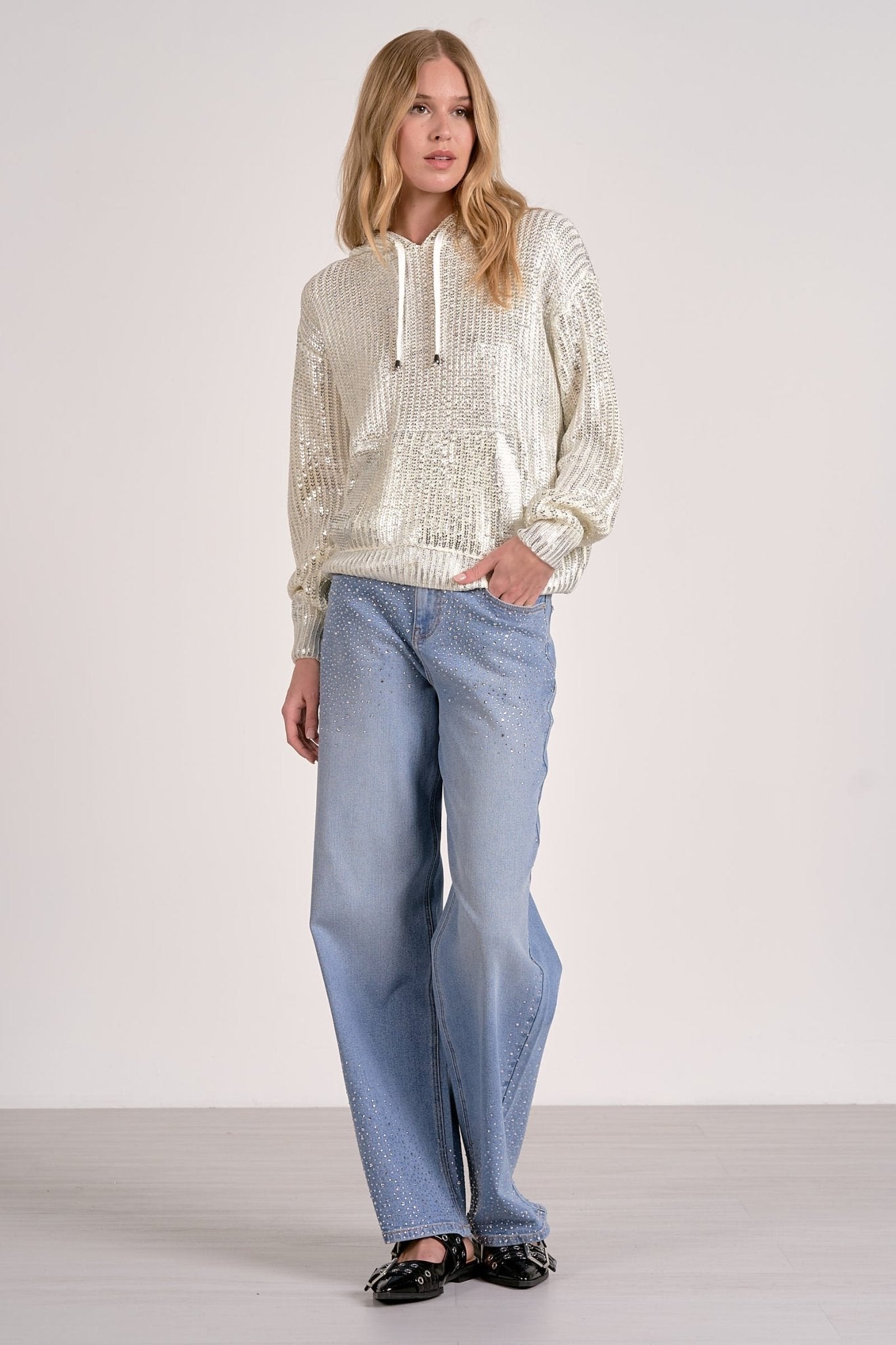 Elan Metallic Sweater Hoodie - White - Mainstream Boutique