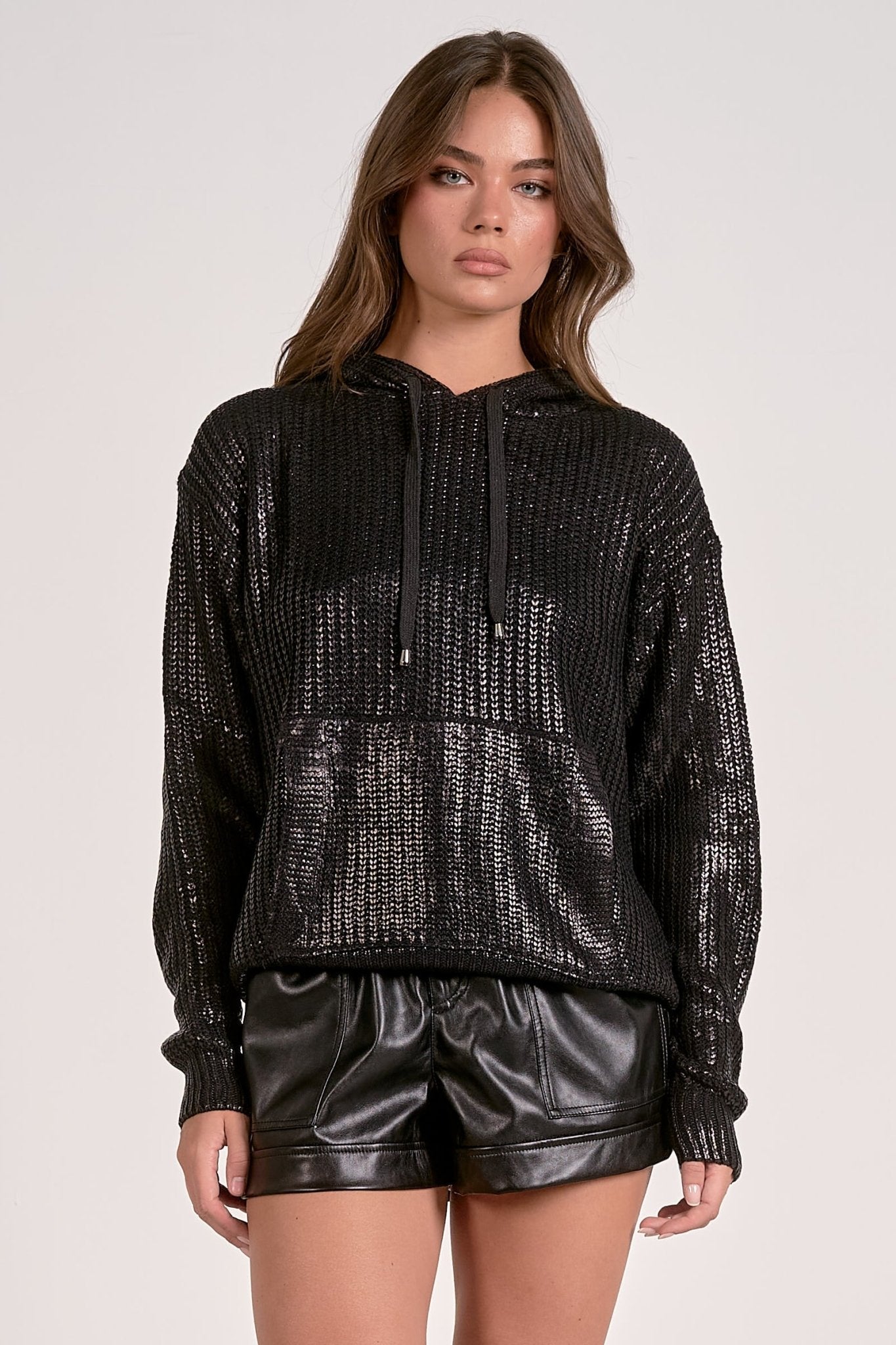 Elan Metallic Sweater Hoodie - Black - Mainstream Boutique