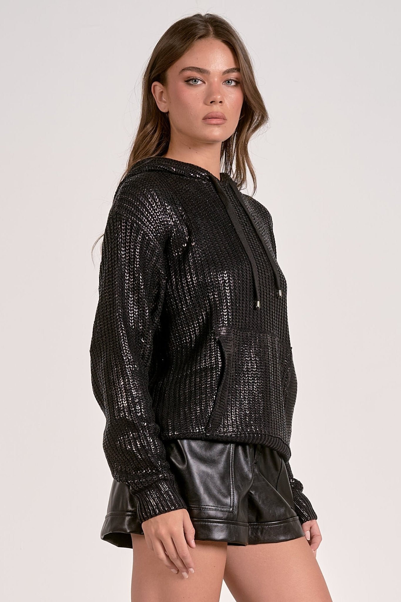 Elan Metallic Sweater Hoodie - Black - Mainstream Boutique