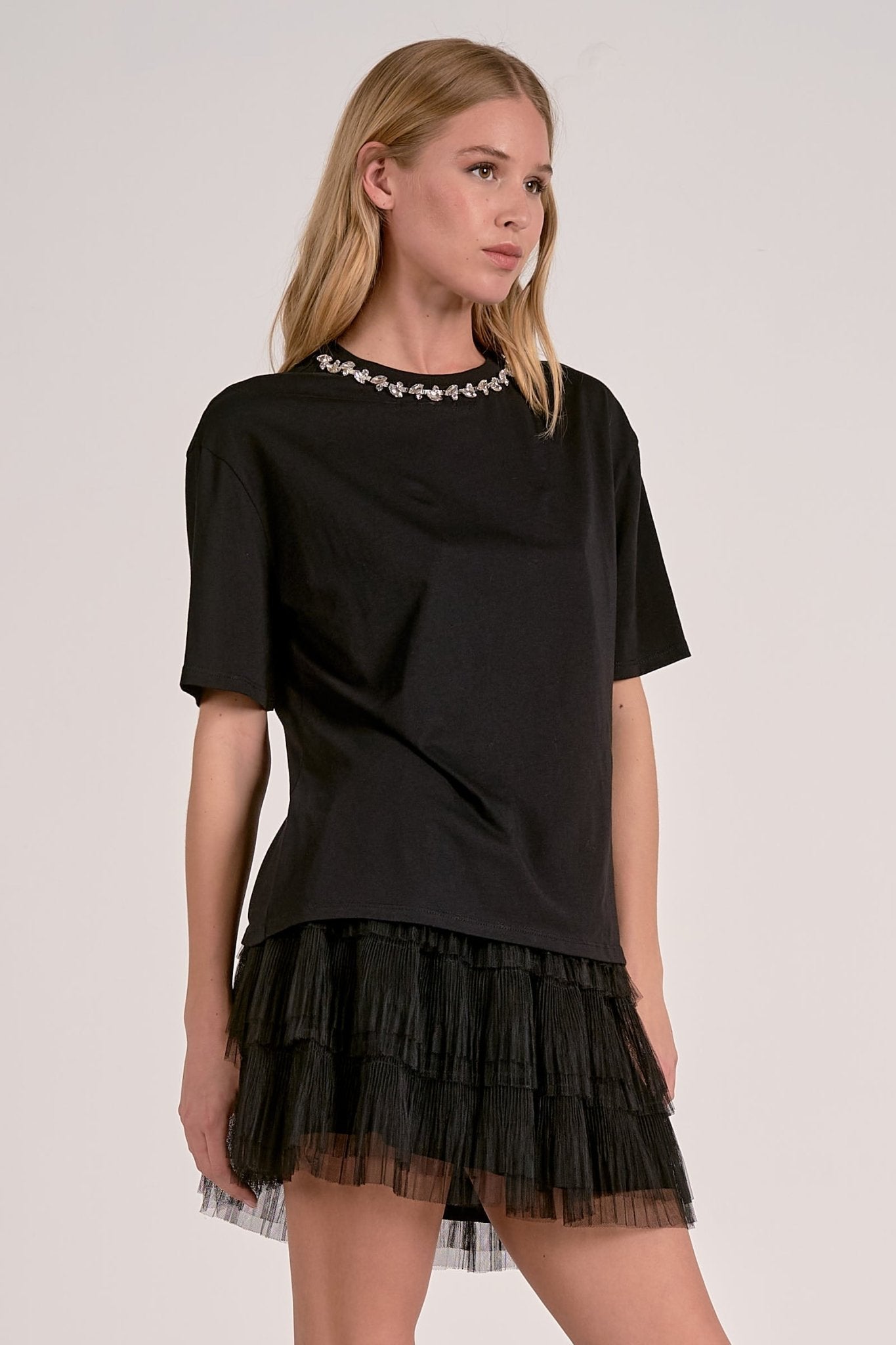 Elan SS Neck Embellishments Top - Mainstream Boutique
